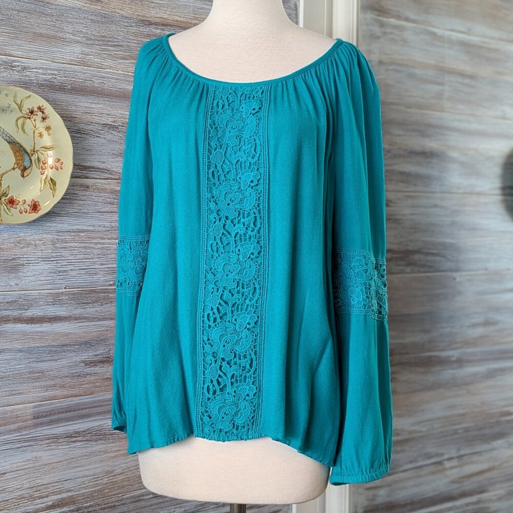 Lilly Pulitzer Top Briony Deep Cyan / Turquoise Long Sleeve Crochet Lace Size L
